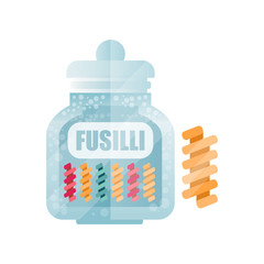 Fusilli dry pasta in a transparent glass container with lid and name, traditional Italian cuisine menu, food vector Illustration