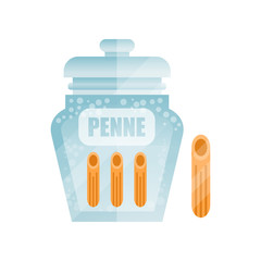 Penne dry pasta in a transparent glass container with lid and name, traditional Italian cuisine menu, food vector Illustration