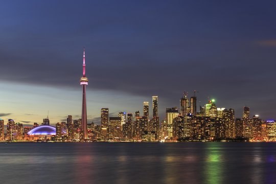 Skyline at night, Lake Ontario, CN Tower, Toronto, Ontario, Canada, North America