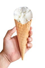 Hand holding ice cream cone on white  background,clipping path.