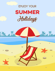Fototapeta na wymiar Summer beach vacation banner with lounge and umbrella on sand with palm trees near sea. Sunny scene for resort holidays concept - cartoon vector illustration of sea skyline.