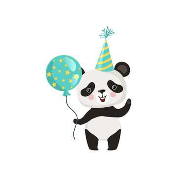 Panda holding glossy balloon and waving by paw. Funny bamboo bear in party hat. Flat vector design for children's book or postcard