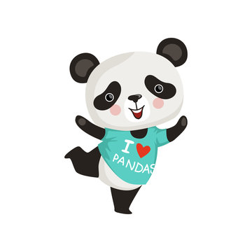 Funny little panda in dancing action. Adorable bamboo bear with pink cheeks in t-shirt. Flat vector design for sticker or postcard