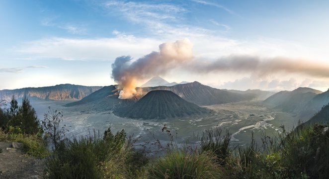 View of volcanoes at sunset, smoking volcano Gunung Bromo, Batok, Mt. Kursi, Gunung Semeru, National Park Bromo-Tengger-Semeru, Java, Indonesia, Asia