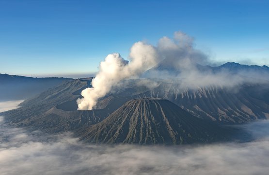 View of volcanoes, smoking volcano Gunung Bromo, Batok, Kursi, Gunung Semeru, Bromo-Tengger-Semeru National Park, Java, Indonesia, Asia
