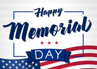 Memorial day USA 28 may and flag on light stripes background. Happy Memorial Day, remember & honor vector banner template in national flag colors with text and stars