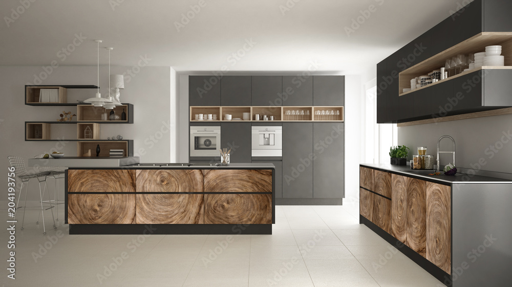 Wall mural gray modern minimalistic kitchen, with classic wood fittings, panoramic window, luxury interior desi