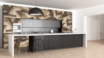 Classic kitchen in vintage room with moldings wall, luxury interior design