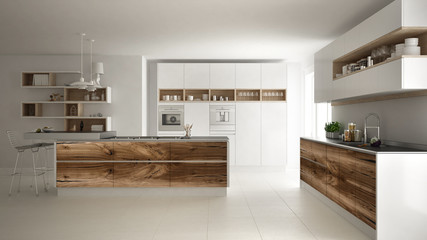 White modern minimalistic kitchen, with classic wood fittings, panoramic window, luxury interior...