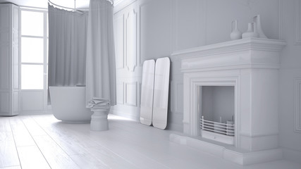 Total white project of vintage bathroom in classic space with old fireplace and parquet floor