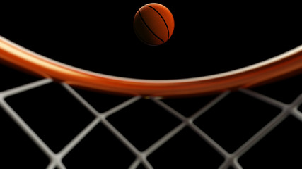 3D illustration of Basketball ball falling in a hoop