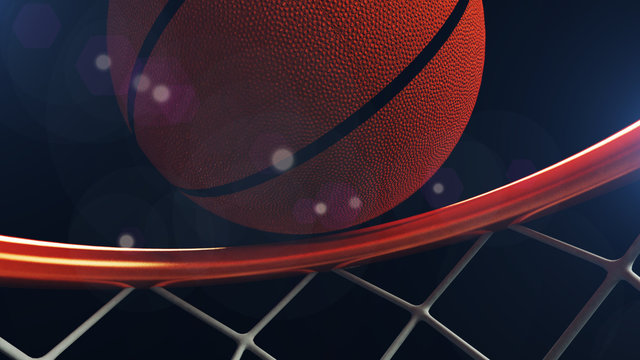 3D Illustration Of Basketball Ball Falling In A Hoop