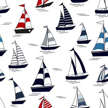 Marine seamless pattern with cartoon boats