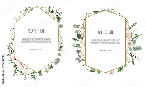 card with leaves and geometrical frame. Floral poster.