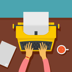 Woman hands on typewriter icon. Flat illustration of woman hands on typewriter vector icon for web design