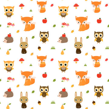 Vector seamless pattern with cute woodland animal characters - owl, fox hedgehog and bunny for children clothing and design