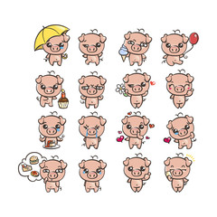 Collection of cutest pig character icon set with different emotions. Vector illustration for new 2019 year.
