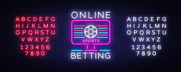 Online betting neon sign. Sports betting. Online betting logo, neon symbol, light banner, bright night advertising, gambling, casino. Vector. Editing text neon sign