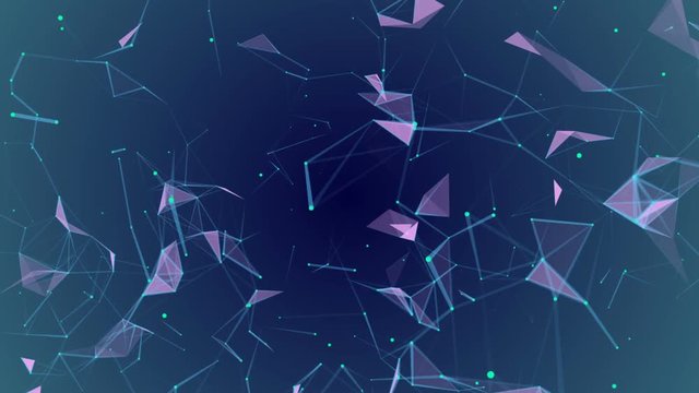 Machine learning. Blue lines, green dots, pink triangles. Plexus Business cinematographic background. Dark blue background. Place for text. Seamless loop.