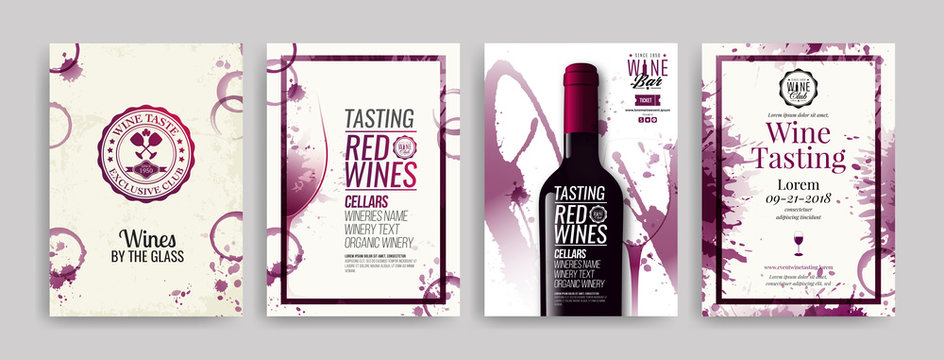 Collection of templates with wine designs. Brochures, posters, invitation cards, promotion banners, menus. Wine stains background.