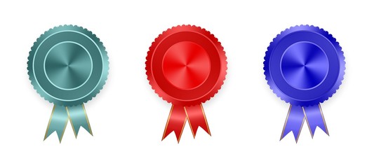 Set of labels light blue, red and green with colored ribbons with gold ribbon on white background. Collection of world medals for winning products green medal, blue medal, red medal 