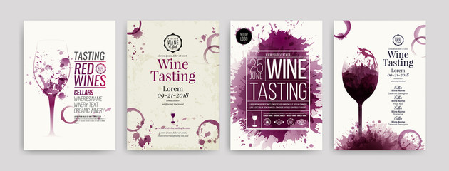 Collection of templates with wine designs. Brochures, posters, invitation cards, promotion banners, menus. Wine stains background.
