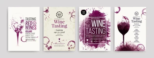 Fotobehang Collection of templates with wine designs. Brochures, posters, invitation cards, promotion banners, menus. Wine stains background. © Ografica