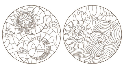Set contour illustrations in stained glass abstract landscape in the form of a circle, the sun and the moon in the sky and the sun and the sea , a round image on white background