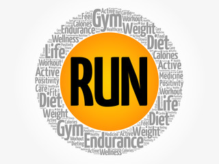 RUN word cloud, fitness, sport, health concept background