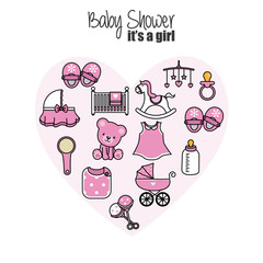 baby shower card. baby girl icons. Accessories, clothes and toys