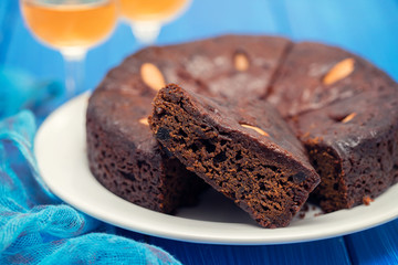 traditional honey cake of Madeira, Portugal on white plate