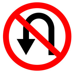 circular single white. red and black no u-turn symbol. do not u turn sign on white background. traffic sign.