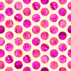 Naklejka premium Bright polka dot abstract grunge colorful splashes texture watercolor seamless pattern design in pink, red colors palette on soft yellow background