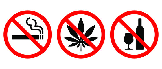 Set of prohibiting signs isolated on white background. Symbols: do not smoke, no alcohol, no drugs. Icons vector illustration - obrazy, fototapety, plakaty