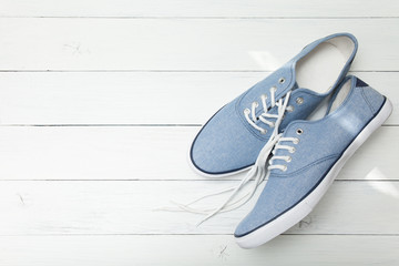 Casual sneakers shoe, fashion denim. Copy space for text.
