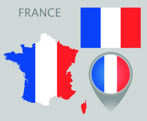 Colorful flag, map pointer and map of France in the colors of the French flag. High detail. Vector illustration