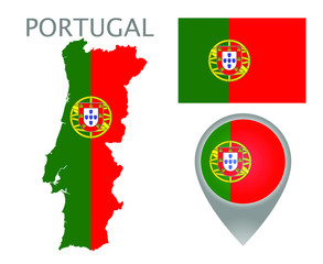 Colorful flag, map pointer and map of Portugal in the colors of the Portuguese flag. High detail. Vector illustration