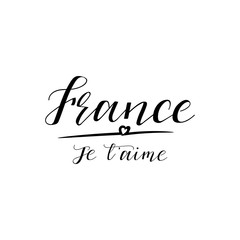 France i love you in french language. Hand drawn lettering background. Ink illustration.