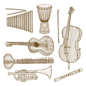 Set of Musical Instruments in Hand-Drawn Style