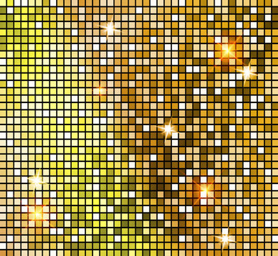 Golden shiny mosaic in disco ball style. Vector gold disco lights background. Abstract background.