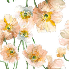 Seamless pattern Yellow pink poppy flower. Watercolor floral illustration. Botanical decorative element. Flower concept. Botanica concept. - 204205729
