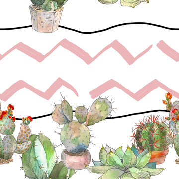 Seamless pattern with cactus, succulents and floral elements. Vintage watercolor botanical illustration for textile, print, invitation, party. Tropical concept.
