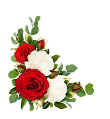 Obraz premium Czerwone i białe kwiaty róży z liśćmi eukaliptusa w układzie narożnym