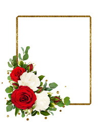 Fototapeta premium Czerwone i białe kwiaty róży z liśćmi eukaliptusa i złotą ramką z brokatem