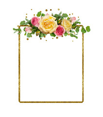 Obraz premium Yellow and pink rose flowers with eucalyptus leaves and golden glitter frame