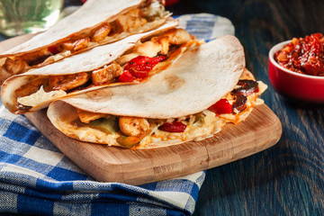 Mexican Quesadilla with chicken, sausage chorizo and red pepper