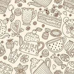 Tea time. Cute seamless pattern. Line background.