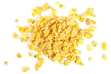 Crunchy corn flakes, cereal, muesli pile isolated on white background, top view