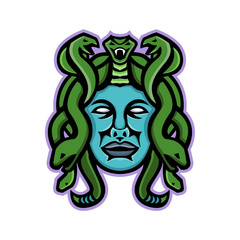 Mascot icon illustration of head of Medusa, in Greek mythology, a monster, a Gorgon, described as a winged human female with living venomous snakes in place of hair viewed from front in retro style.