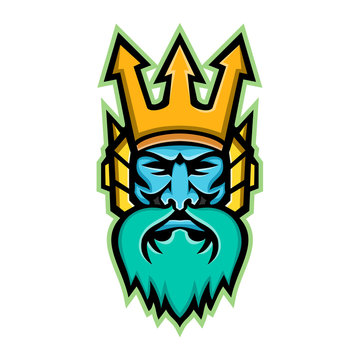recommend clip art: Mascot icon illustration of head of Poseidon, god of the Sea in Greek religion and myth, wearing a trident crown viewed from front on isolated background in retro style.